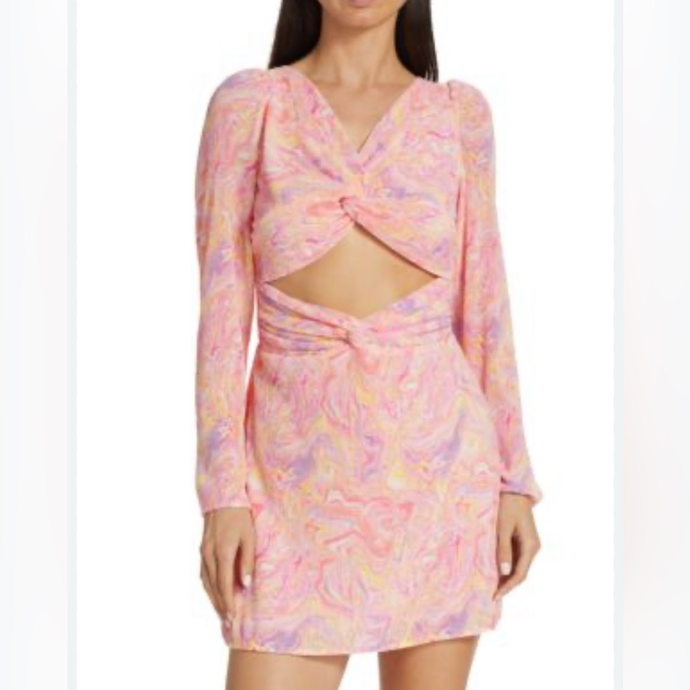 LoveShackFancy Pink and White Ruched Tie Front Bodycon Dress